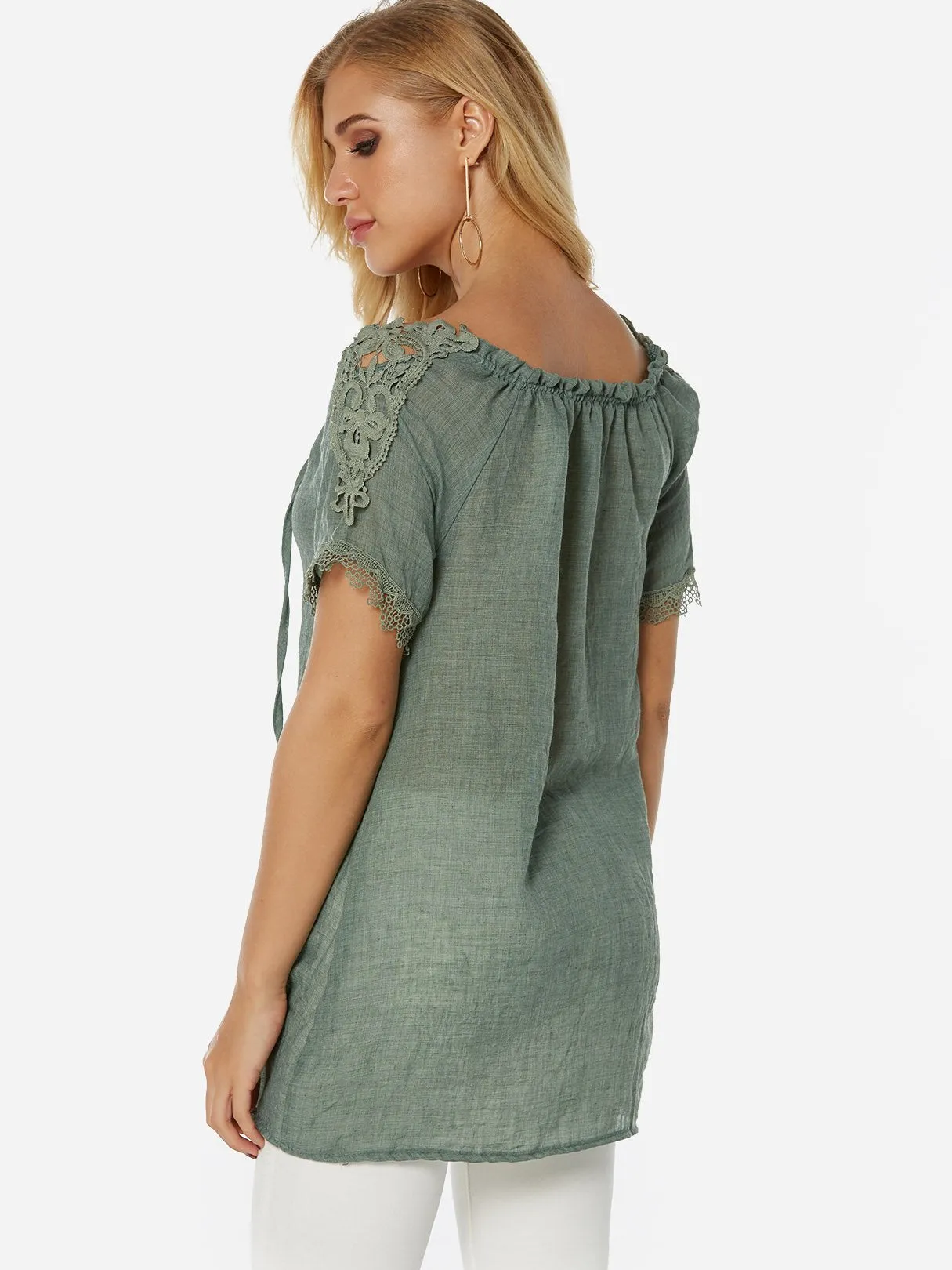 OEM ODM Sheer Lace Short Sleeve Green Blouses