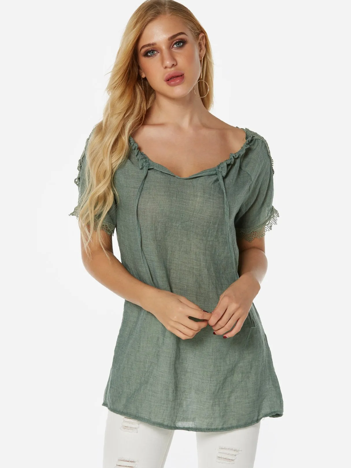 OEM ODM Sheer Lace Short Sleeve Green Blouses