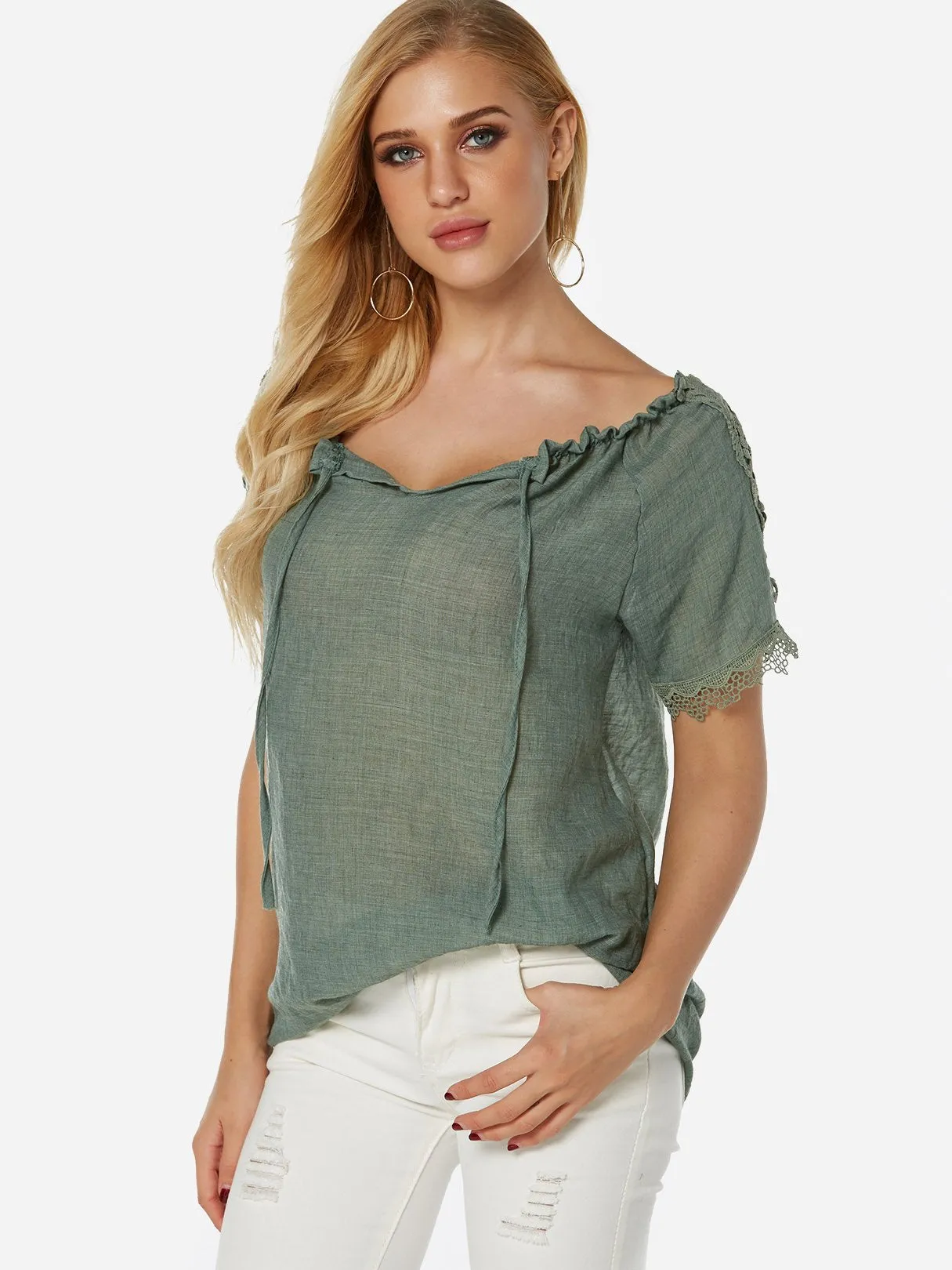 OEM ODM Sheer Lace Short Sleeve Green Blouses