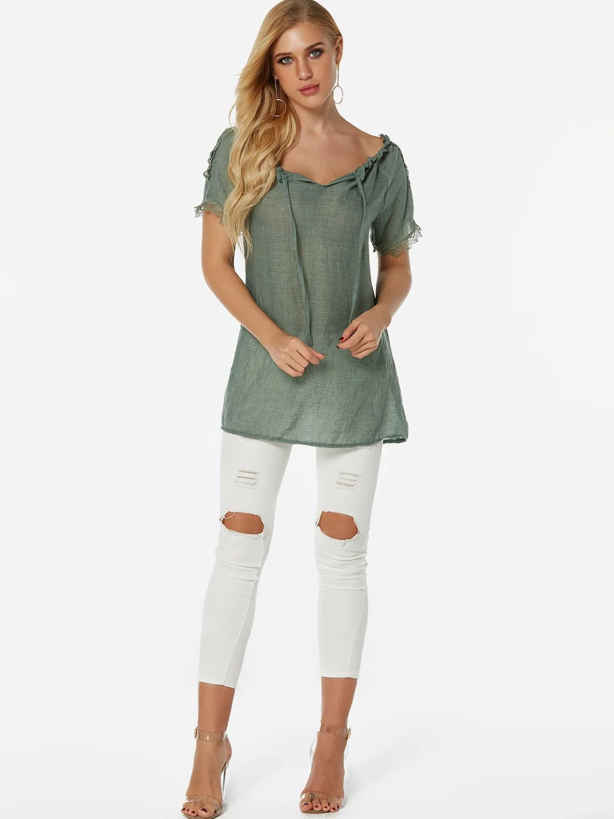 OEM ODM Sheer Lace Short Sleeve Green Blouses