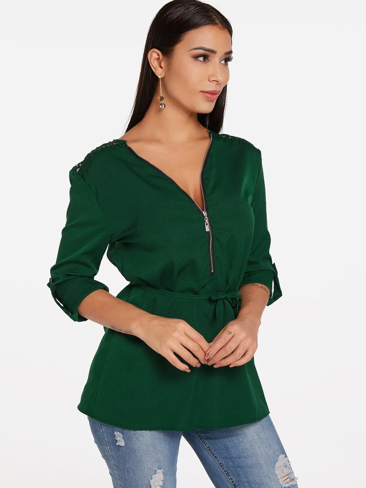 OEM ODM V-Neck Plain Lace Zip Back Long Sleeve Green Blouses