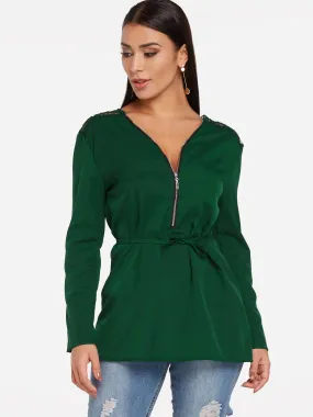 OEM ODM V-Neck Plain Lace Zip Back Long Sleeve Green Blouses