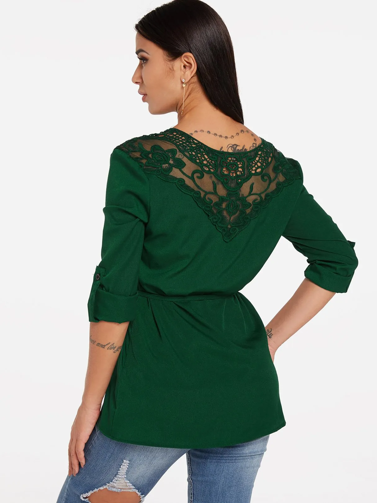 OEM ODM V-Neck Plain Lace Zip Back Long Sleeve Green Blouses