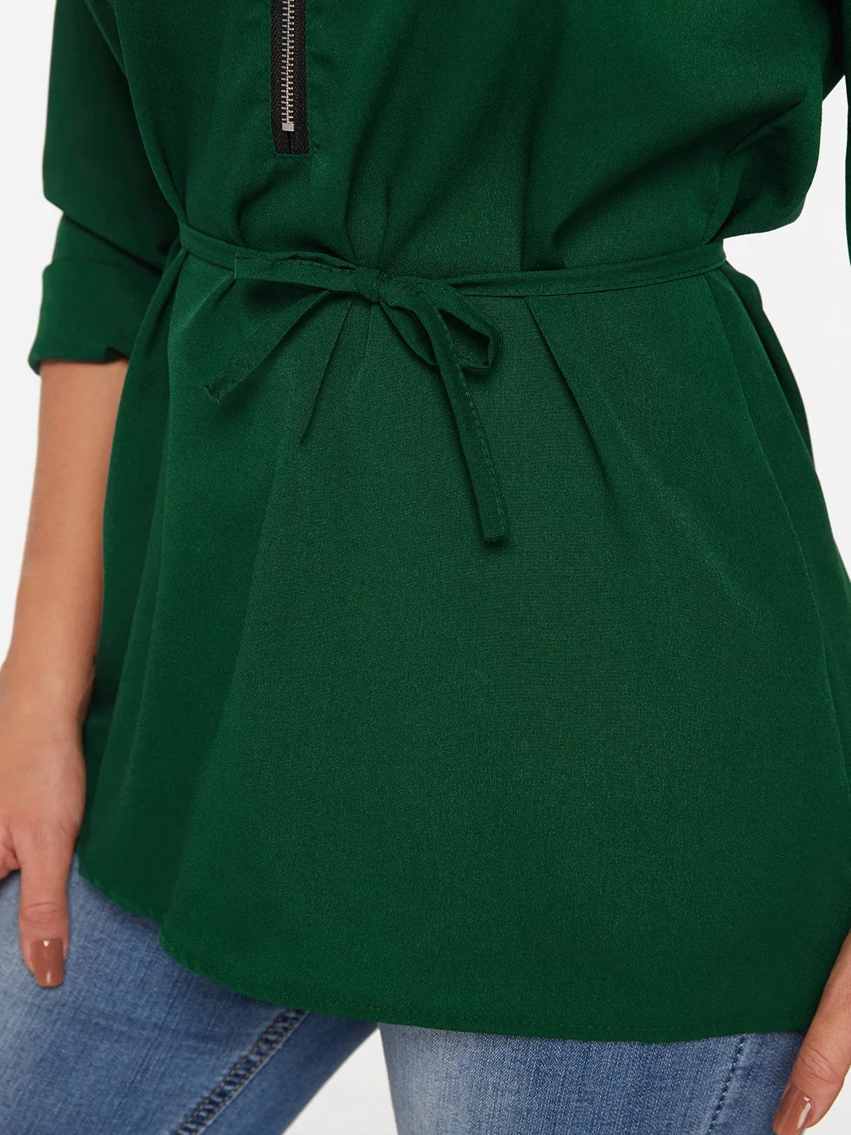 OEM ODM V-Neck Plain Lace Zip Back Long Sleeve Green Blouses