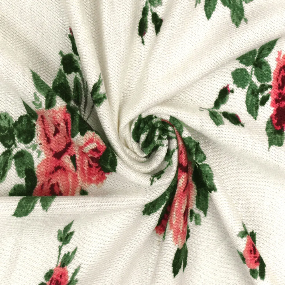 Pink-Green-Ivory Floral Printed Slub Rayon Stretch Jersey Knit Fabric