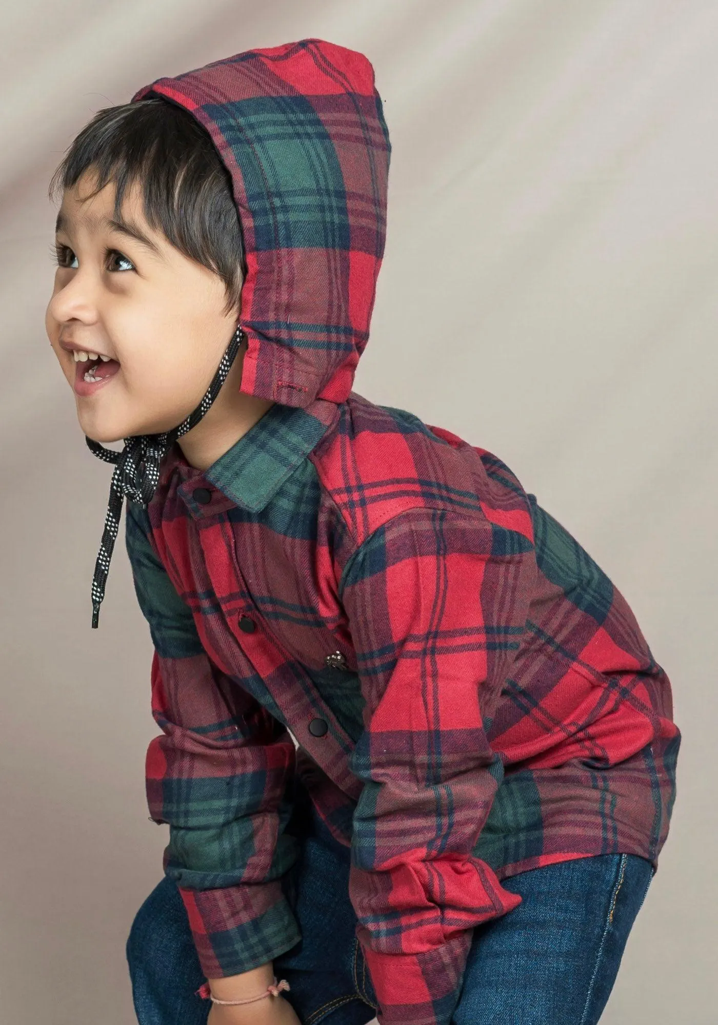 Polka Tots Full Sleeves Checks Printed Hooded Shirt - Red