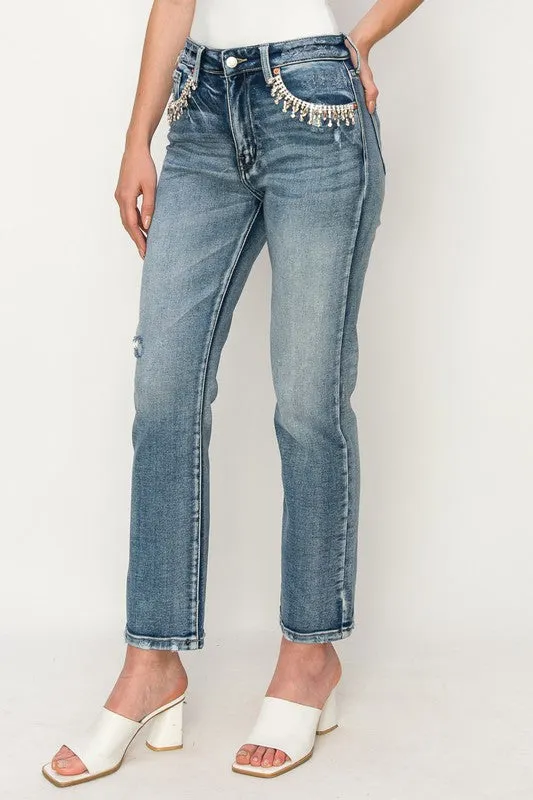 Reagan High Rise Crystal Embellished Crop Straight Jeans