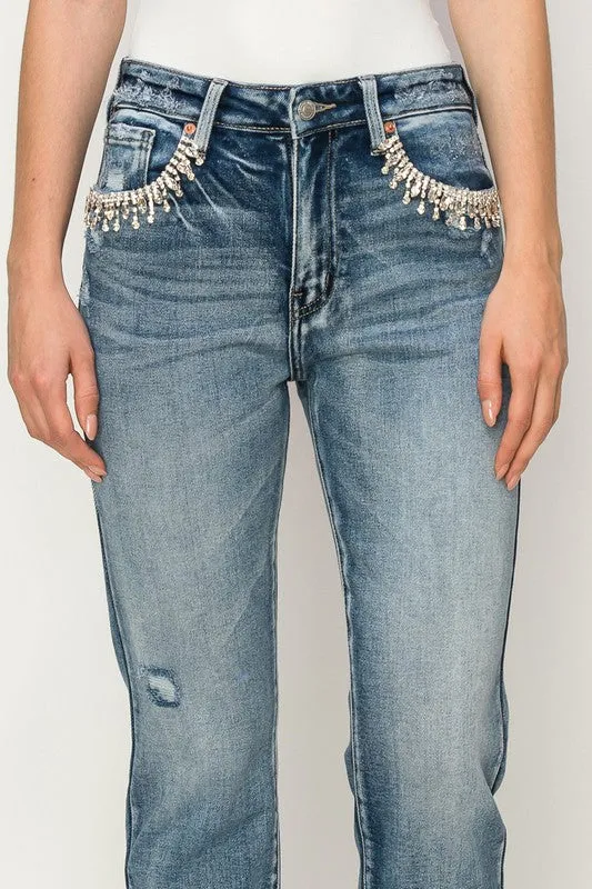 Reagan High Rise Crystal Embellished Crop Straight Jeans