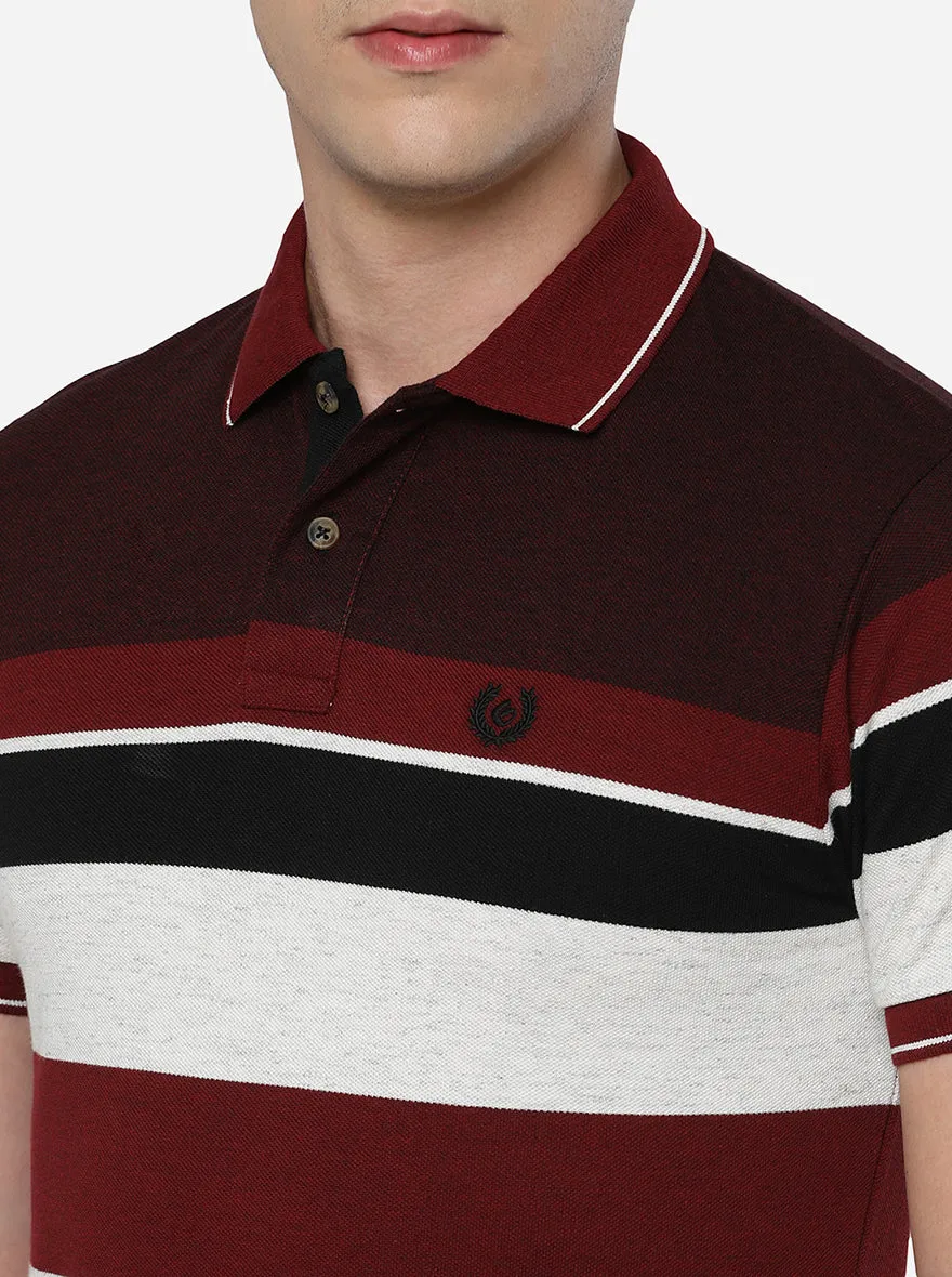 Red & Wine Striped Slim Fit Polo T-Shirt | Greenfibre