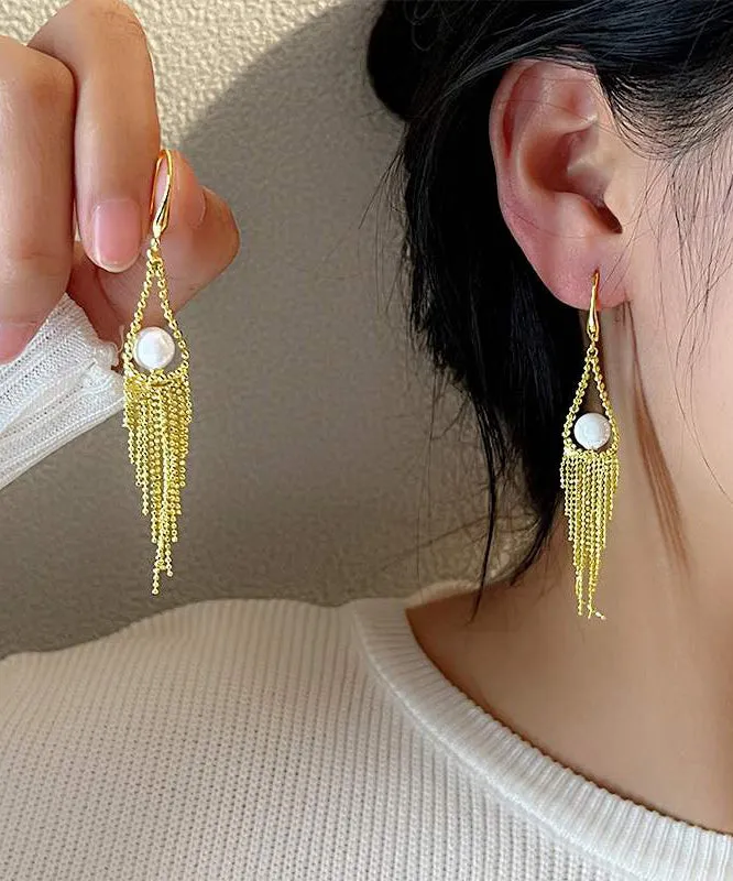 Regular Gold Alloy Pearl Tassel Drop Earrings KX1020