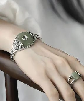 Retro Silk Sterling Silver Jade Peony Ping Buckle Bangle RB026