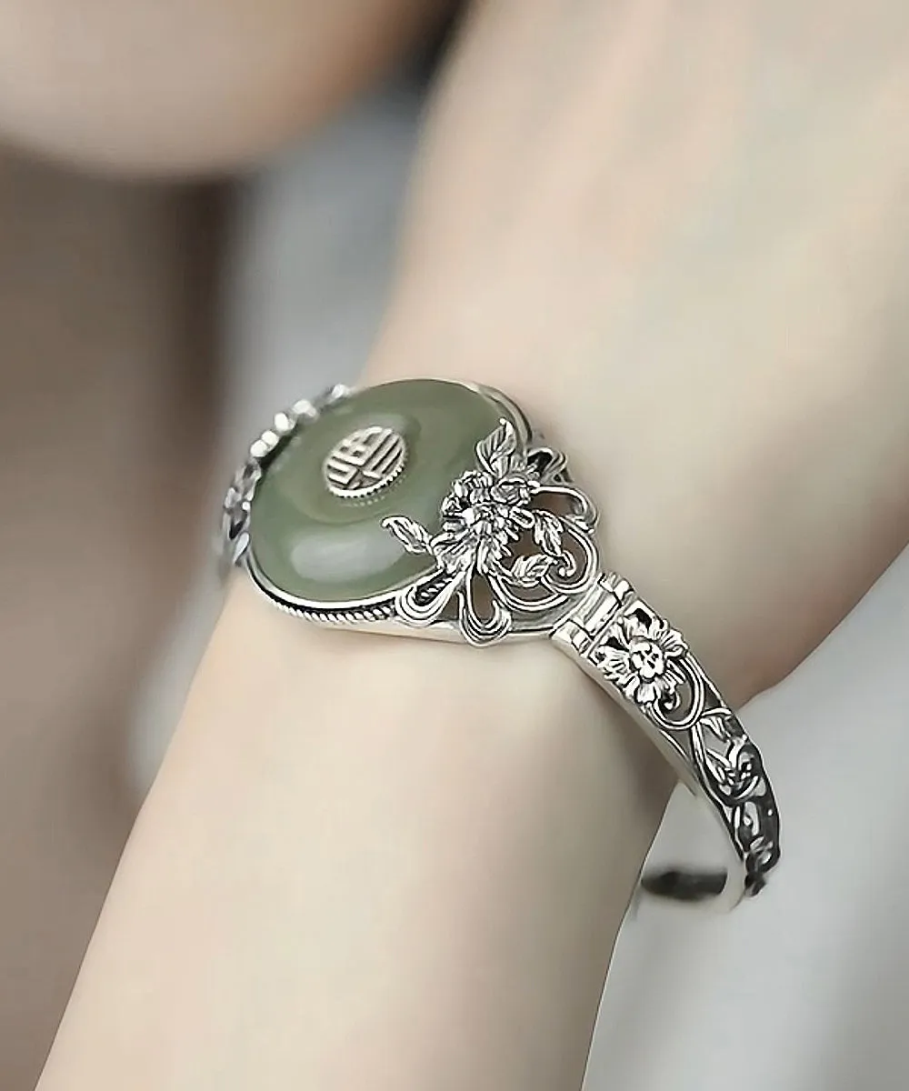 Retro Silk Sterling Silver Jade Peony Ping Buckle Bangle RB026