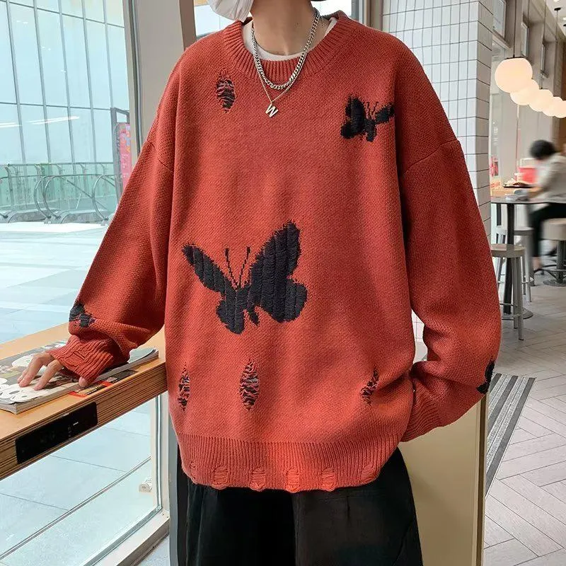 Riolio - Butterfly Distressed Knitted Sweater - chill guy 90s fashion mens fashion