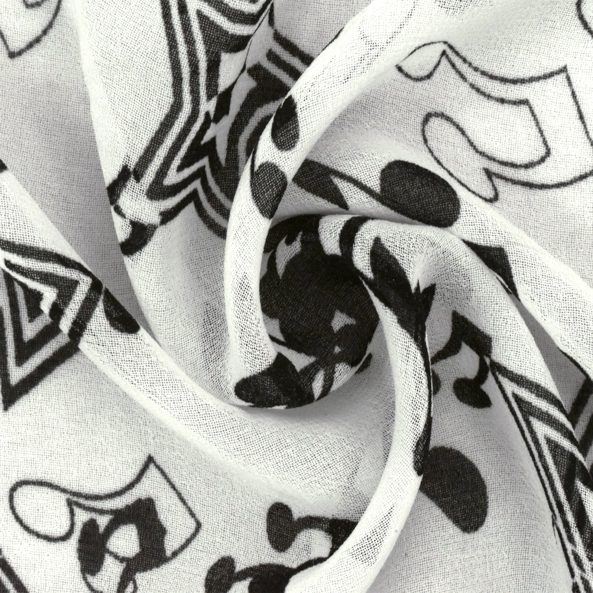 Snow White-Black Star Music Printed Poly Chiffon Woven Fabric