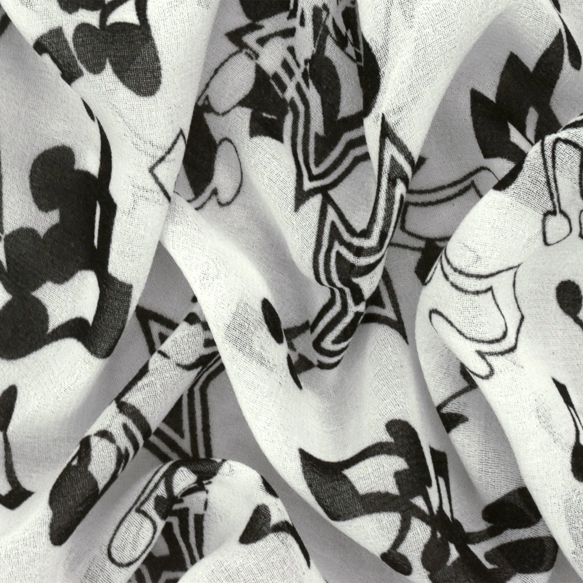 Snow White-Black Star Music Printed Poly Chiffon Woven Fabric