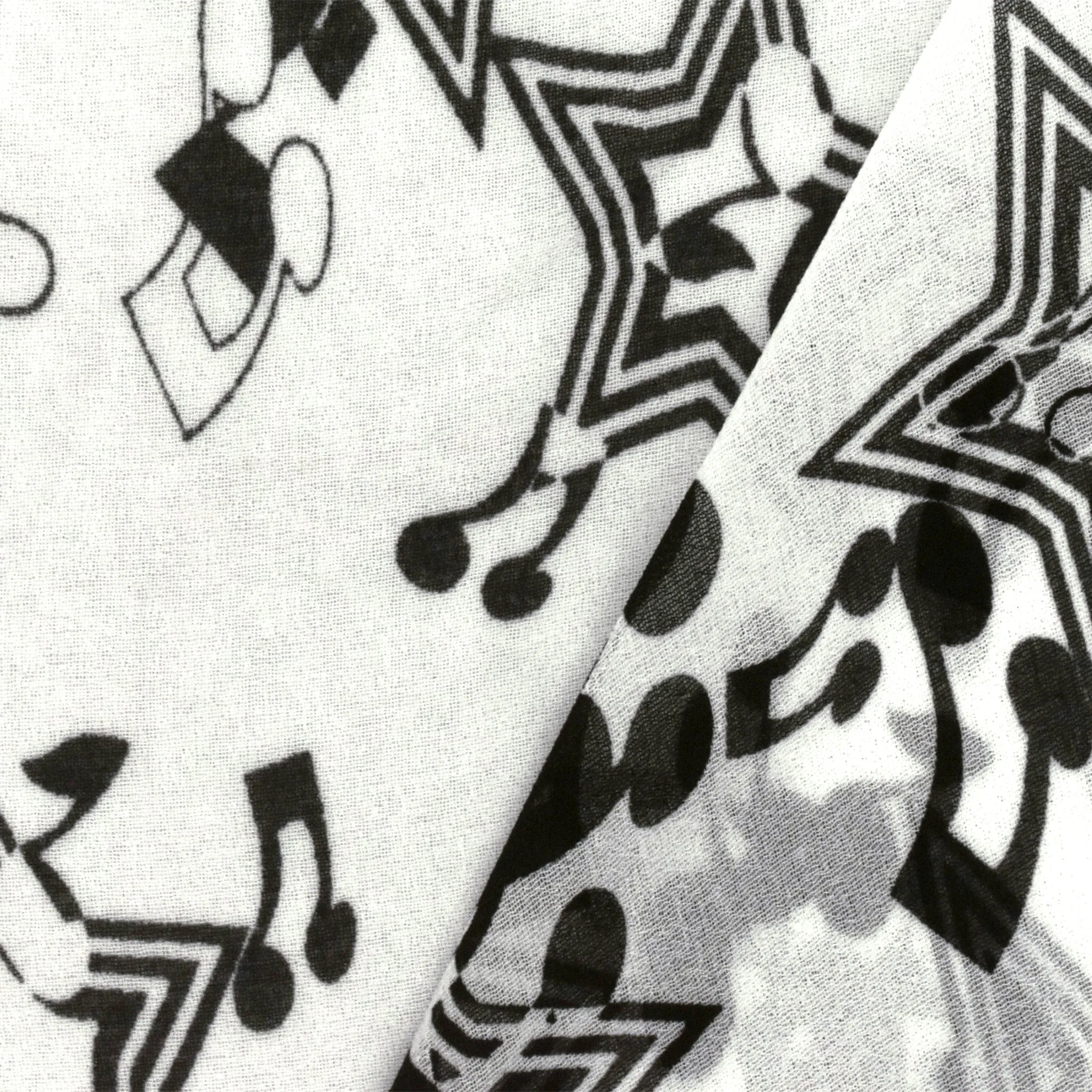 Snow White-Black Star Music Printed Poly Chiffon Woven Fabric