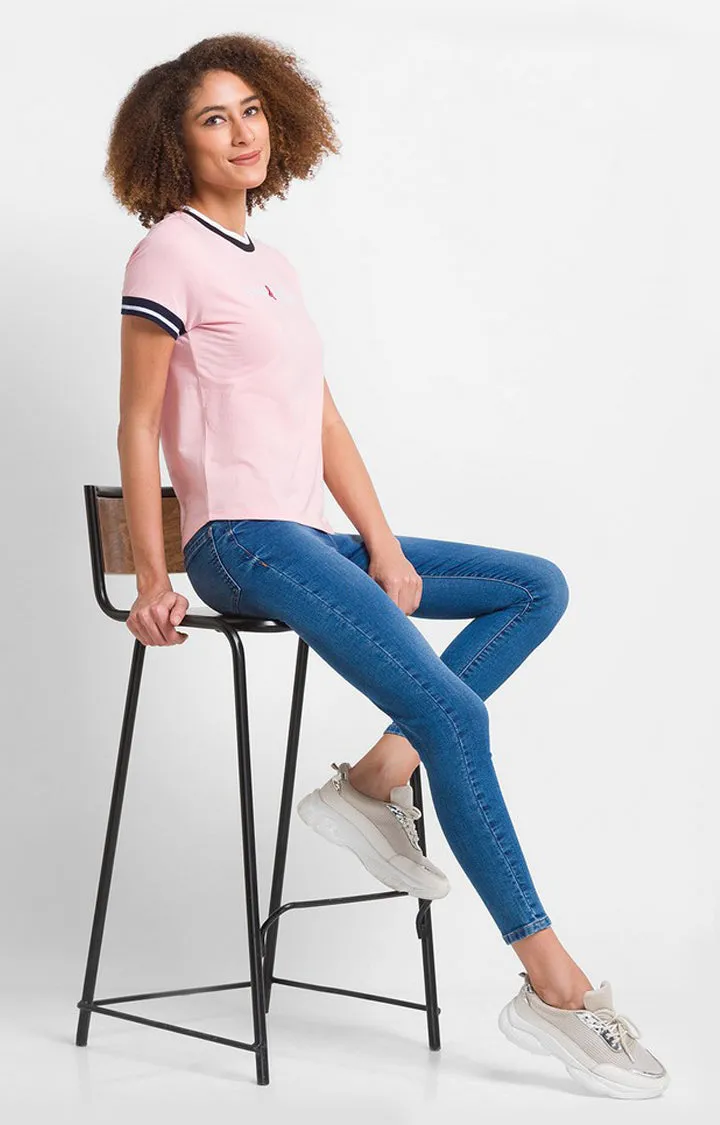 Spykar Baby Pink Cotton Blend Half Sleeve Colourblocks Casual T-Shirts For Women