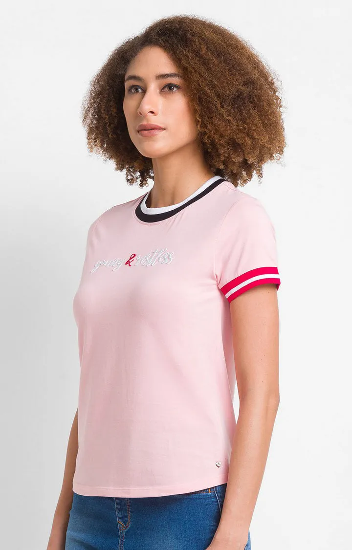 Spykar Baby Pink Cotton Blend Half Sleeve Colourblocks Casual T-Shirts For Women