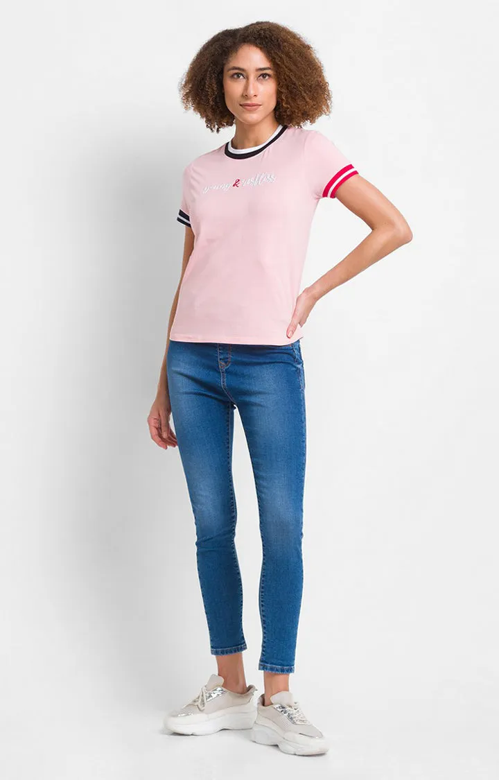 Spykar Baby Pink Cotton Blend Half Sleeve Colourblocks Casual T-Shirts For Women