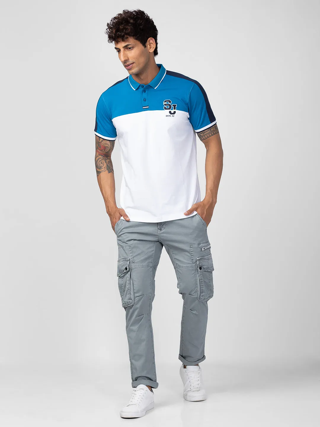 Spykar Men Urban Blue Cotton Regular Fit Half Sleeve Printed Polo T-Shirt