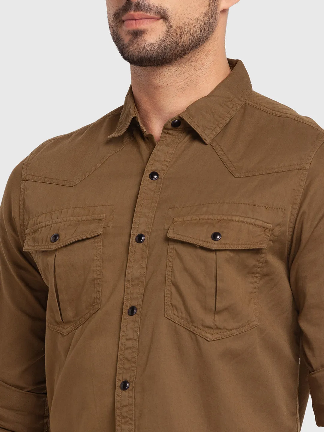 Spykar Olive Green Cotton Full Sleeve Plain Shirt For Men