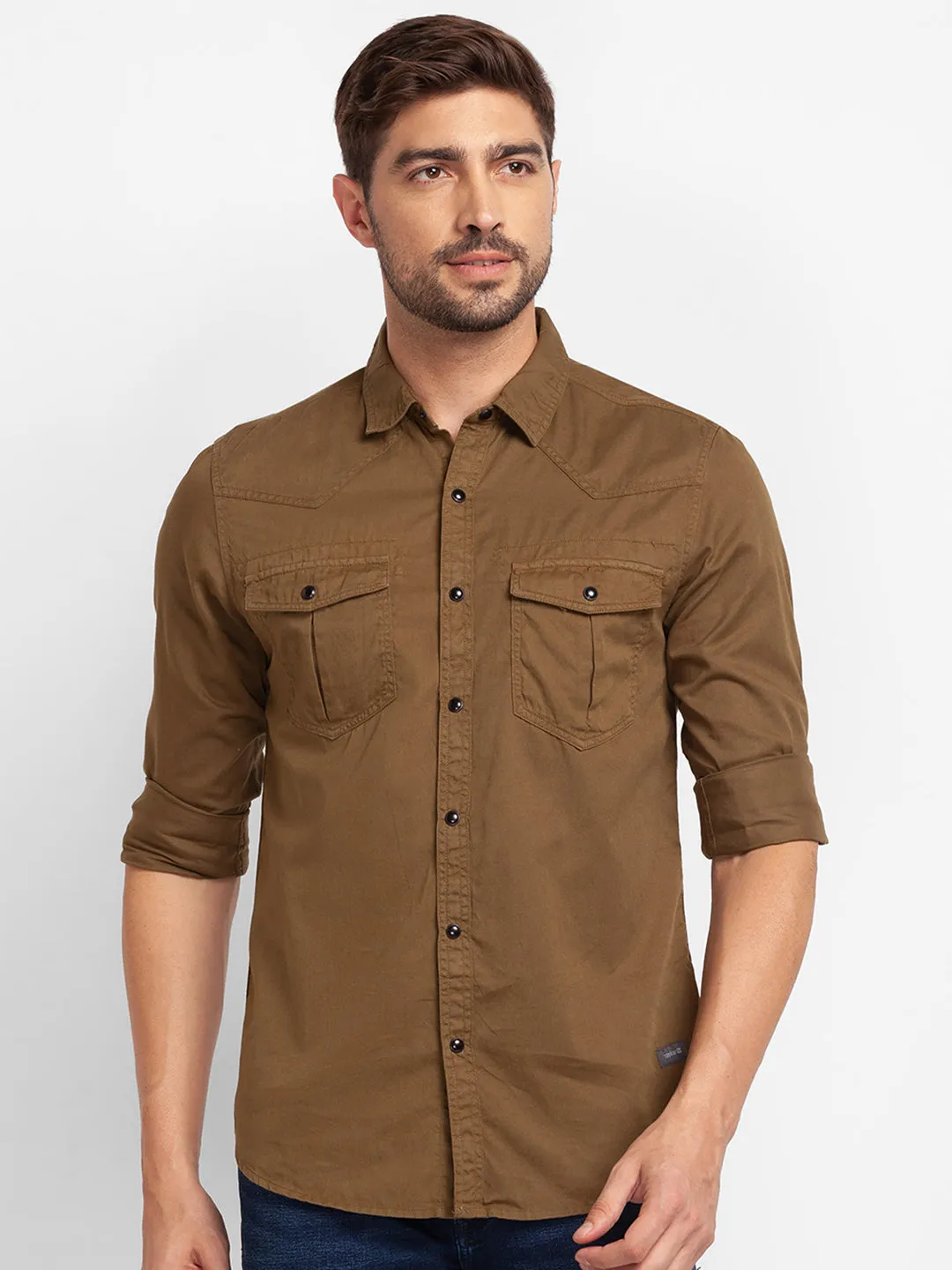 Spykar Olive Green Cotton Full Sleeve Plain Shirt For Men