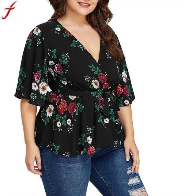 Summer Deep V-Neck Floral Printed  Tunic