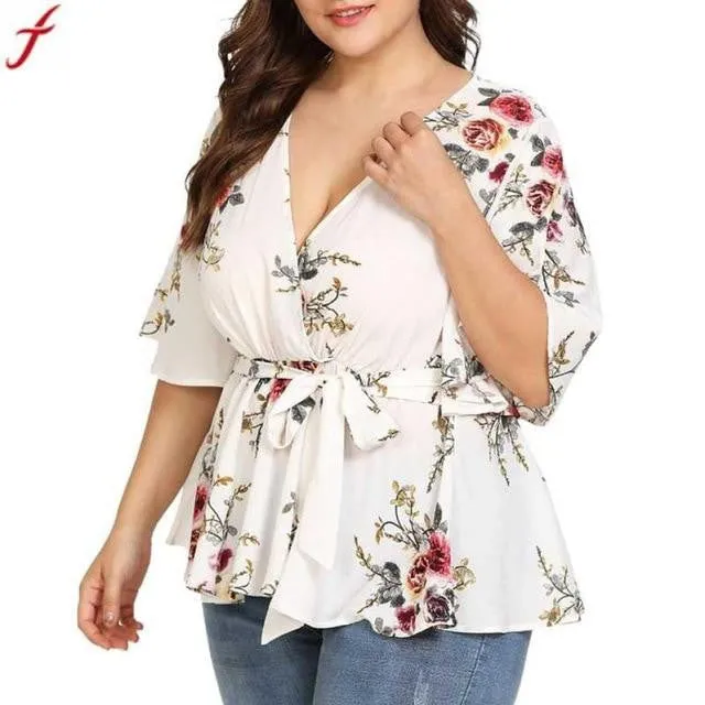 Summer Deep V-Neck Floral Printed  Tunic