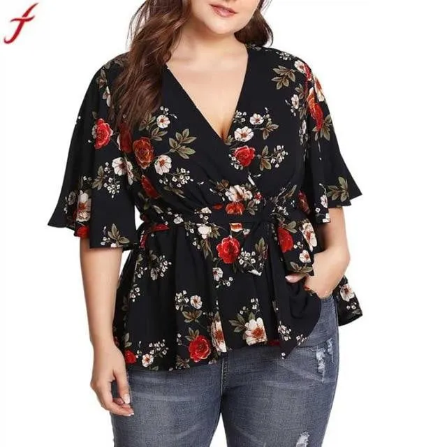 Summer Deep V-Neck Floral Printed  Tunic