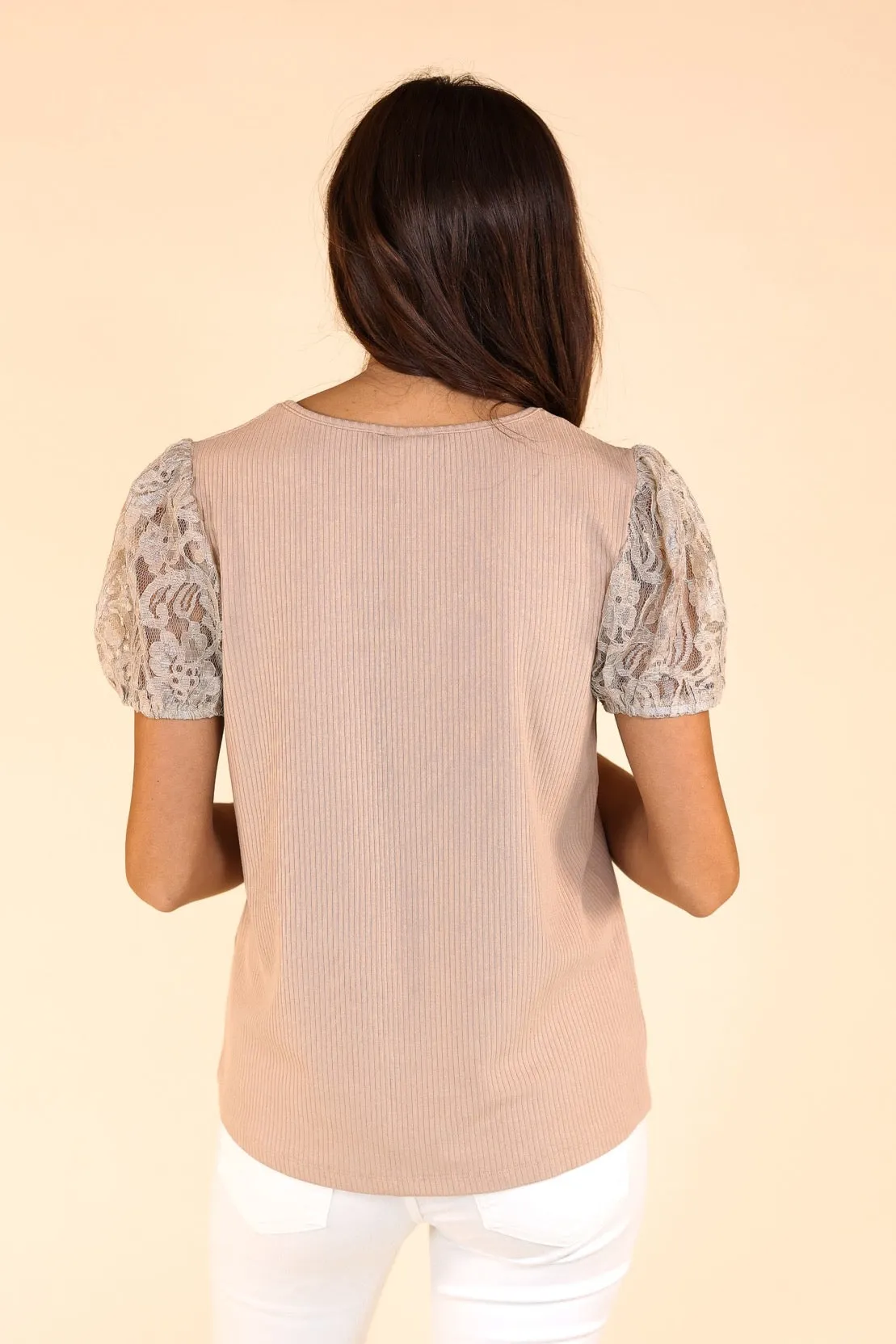 Tan Elegance Ribbed Tee with Lace Puff Sleeves