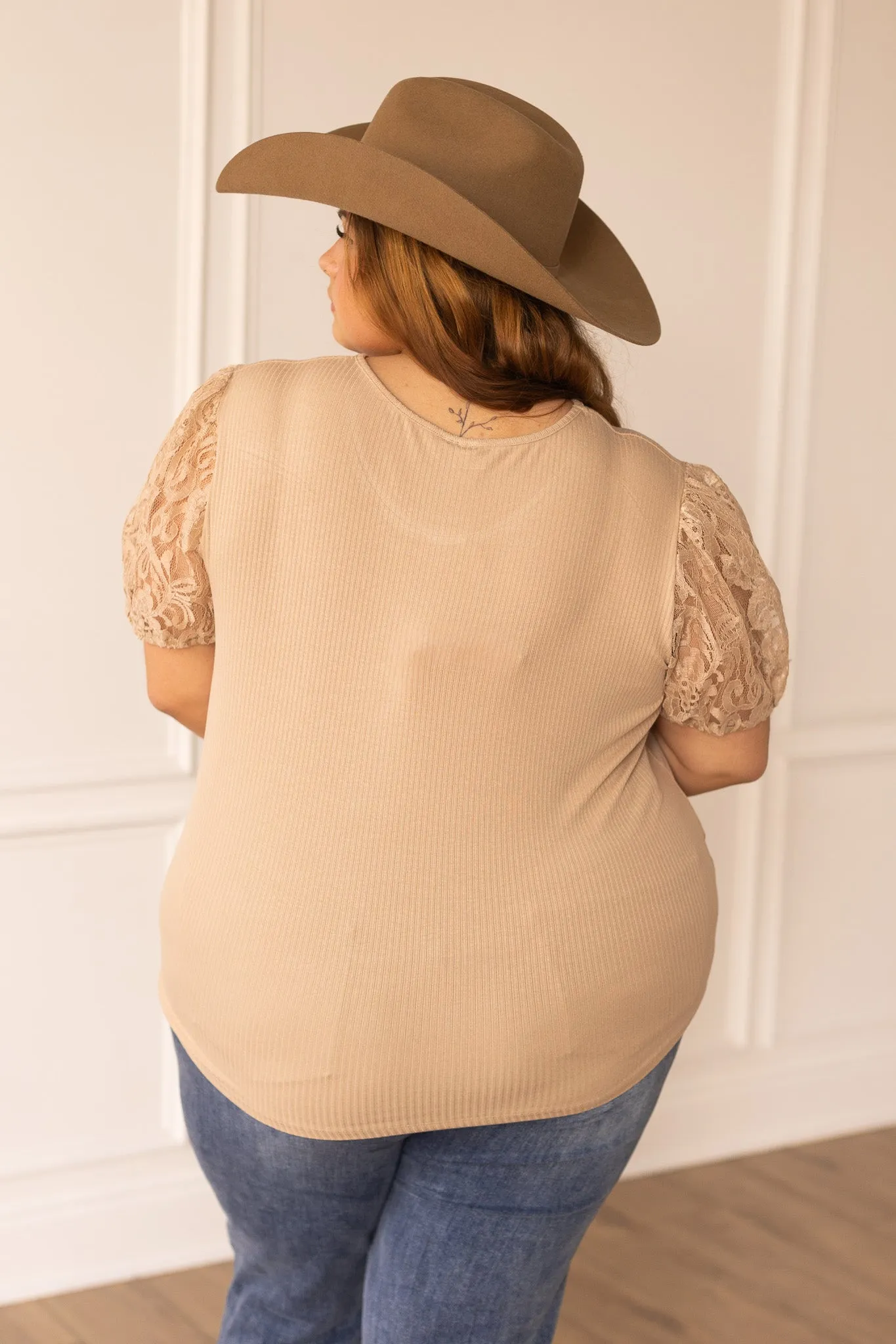 Tan Elegance Ribbed Tee with Lace Puff Sleeves