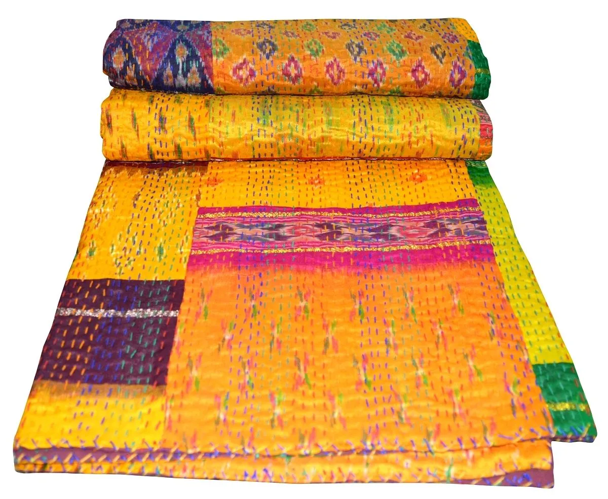 Traditional Indian Silk Sari Kantha Bedspread Bed Cover Rali Wholesale Lot 5 Pcs