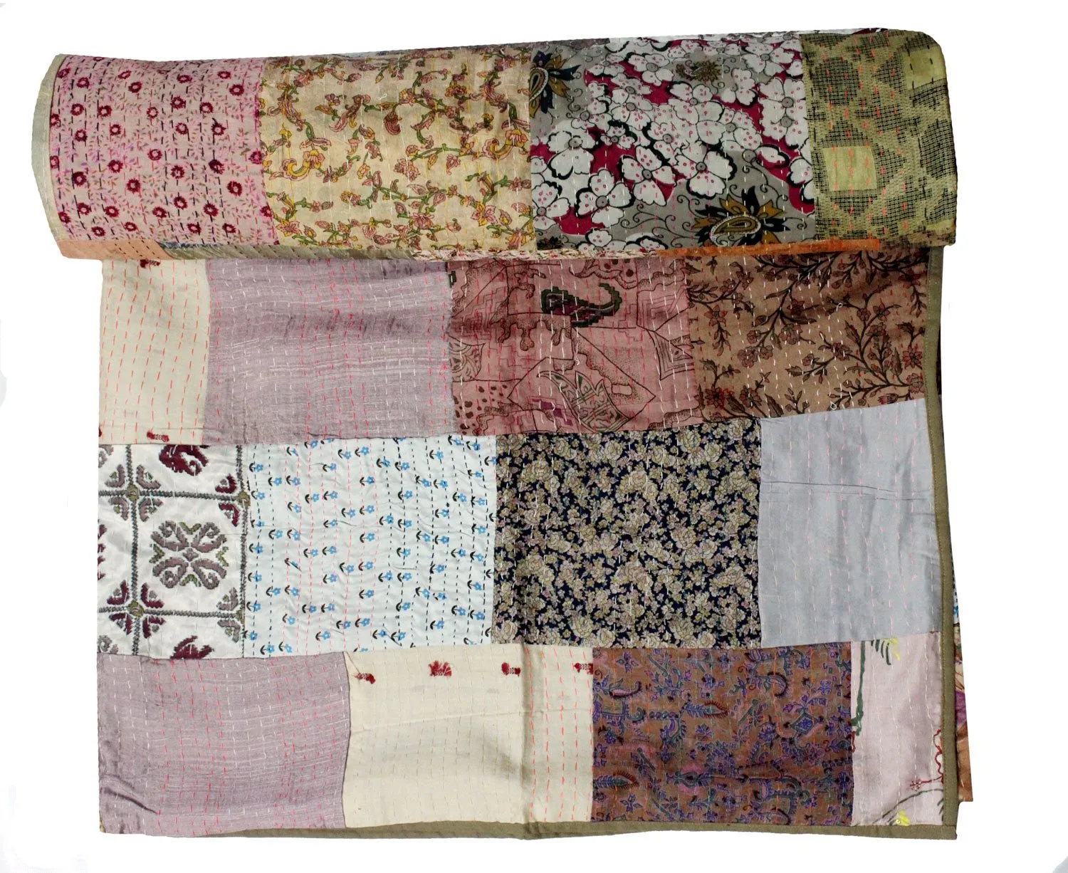 Traditional Indian Silk Sari Kantha Bedspread Bed Cover Rali Wholesale Lot 5 Pcs