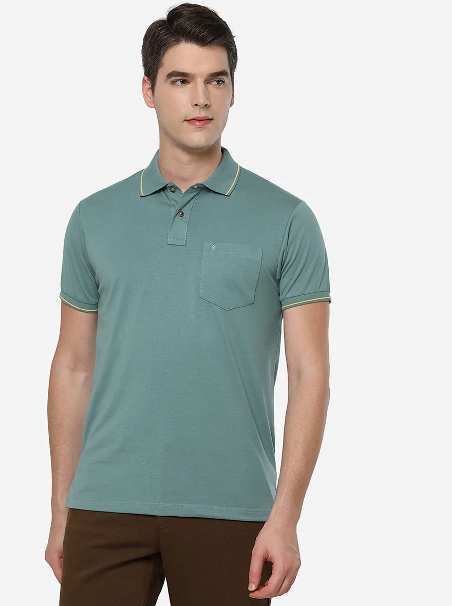 Turquoise Blue Solid Slim Fit Polo T-Shirt | Greenfibre