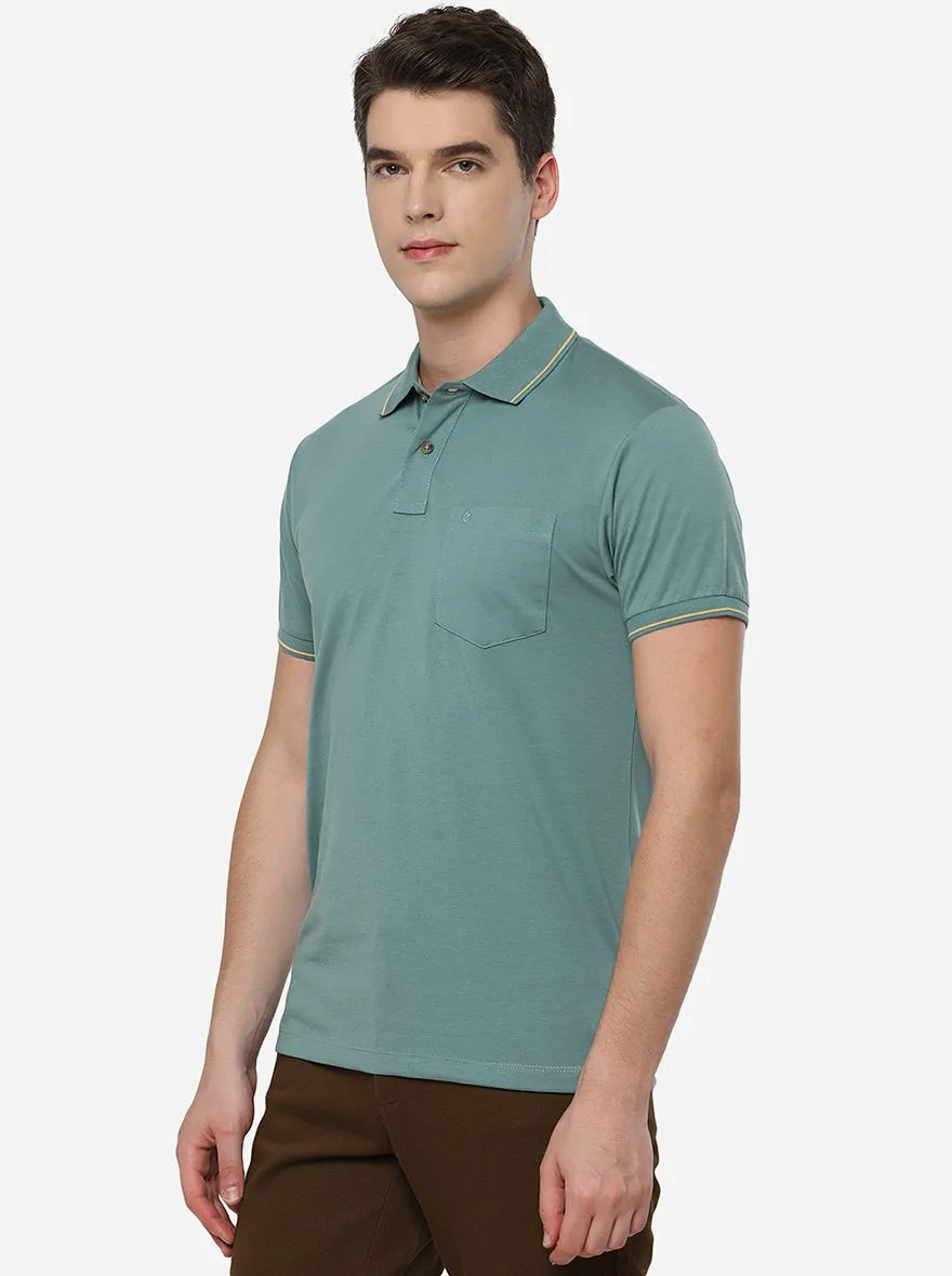 Turquoise Blue Solid Slim Fit Polo T-Shirt | Greenfibre