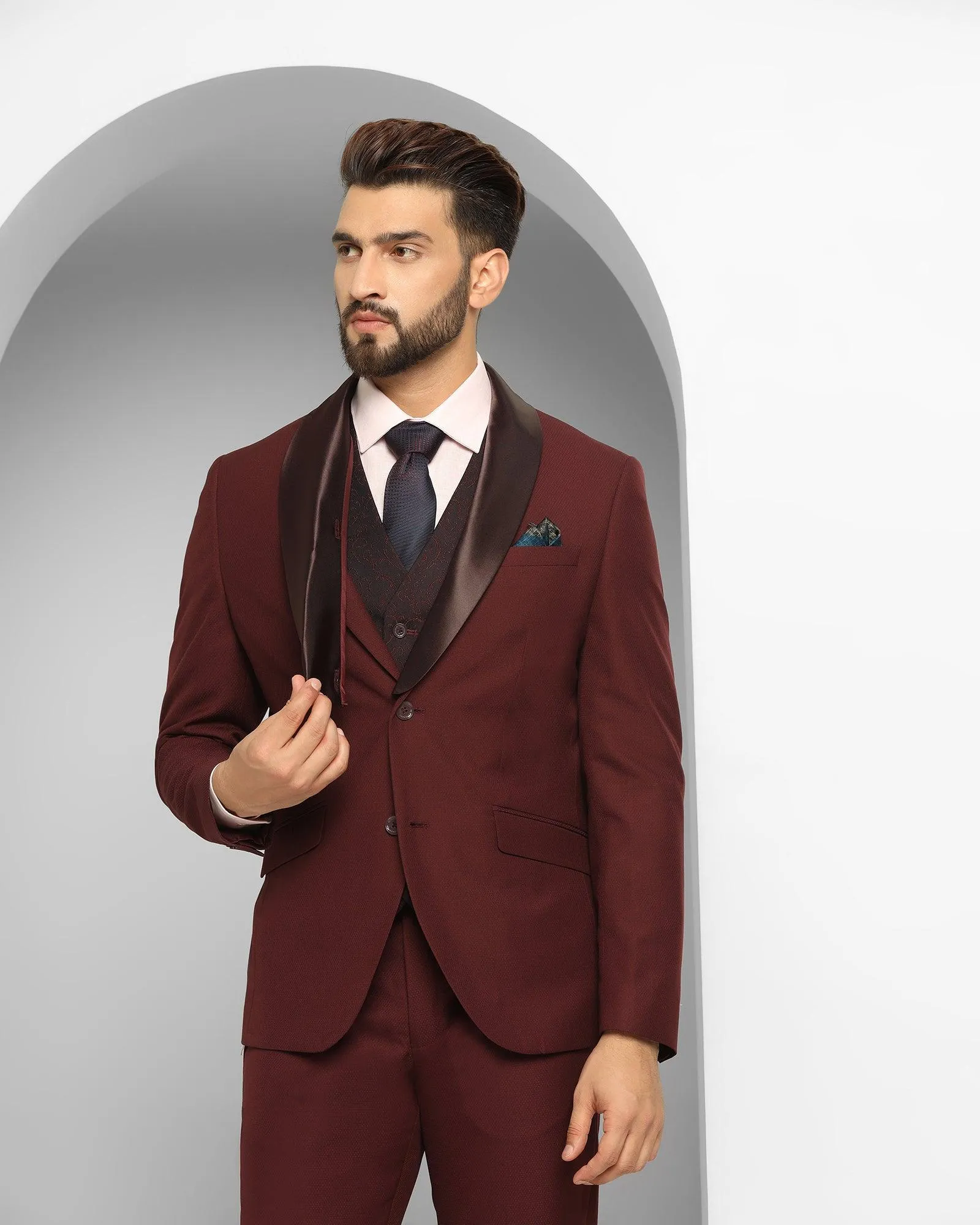 Tuxedo Three Piece Burgundy Textured Formal Suit - Thayer