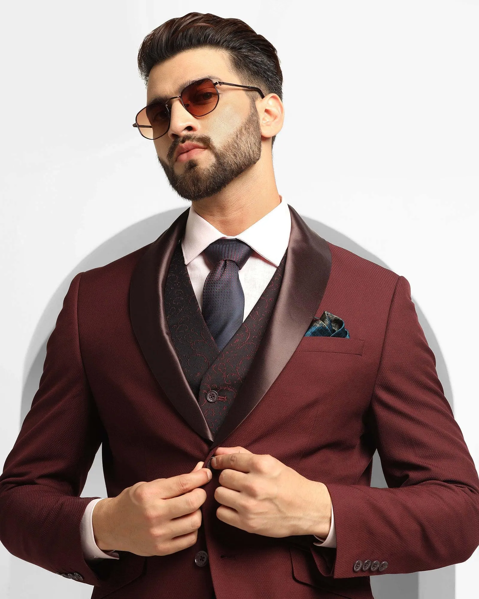 Tuxedo Three Piece Burgundy Textured Formal Suit - Thayer