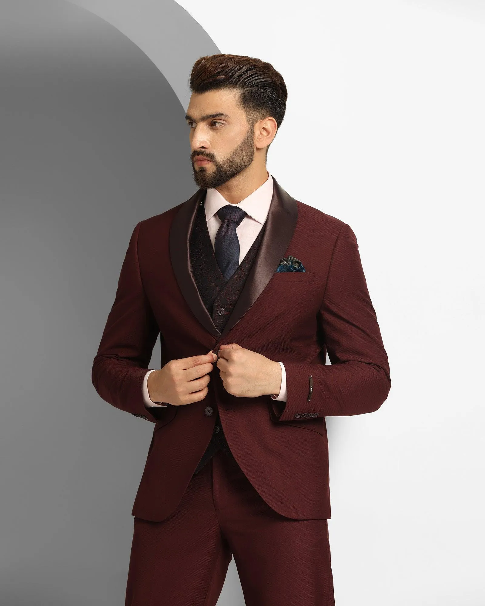 Tuxedo Three Piece Burgundy Textured Formal Suit - Thayer