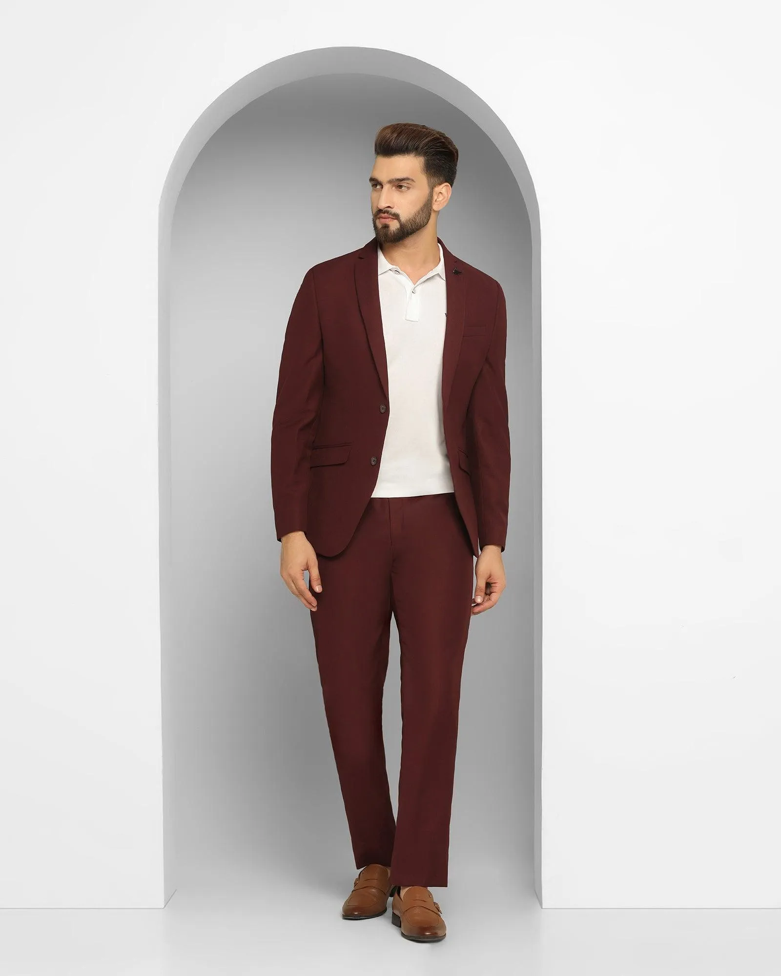 Tuxedo Three Piece Burgundy Textured Formal Suit - Thayer