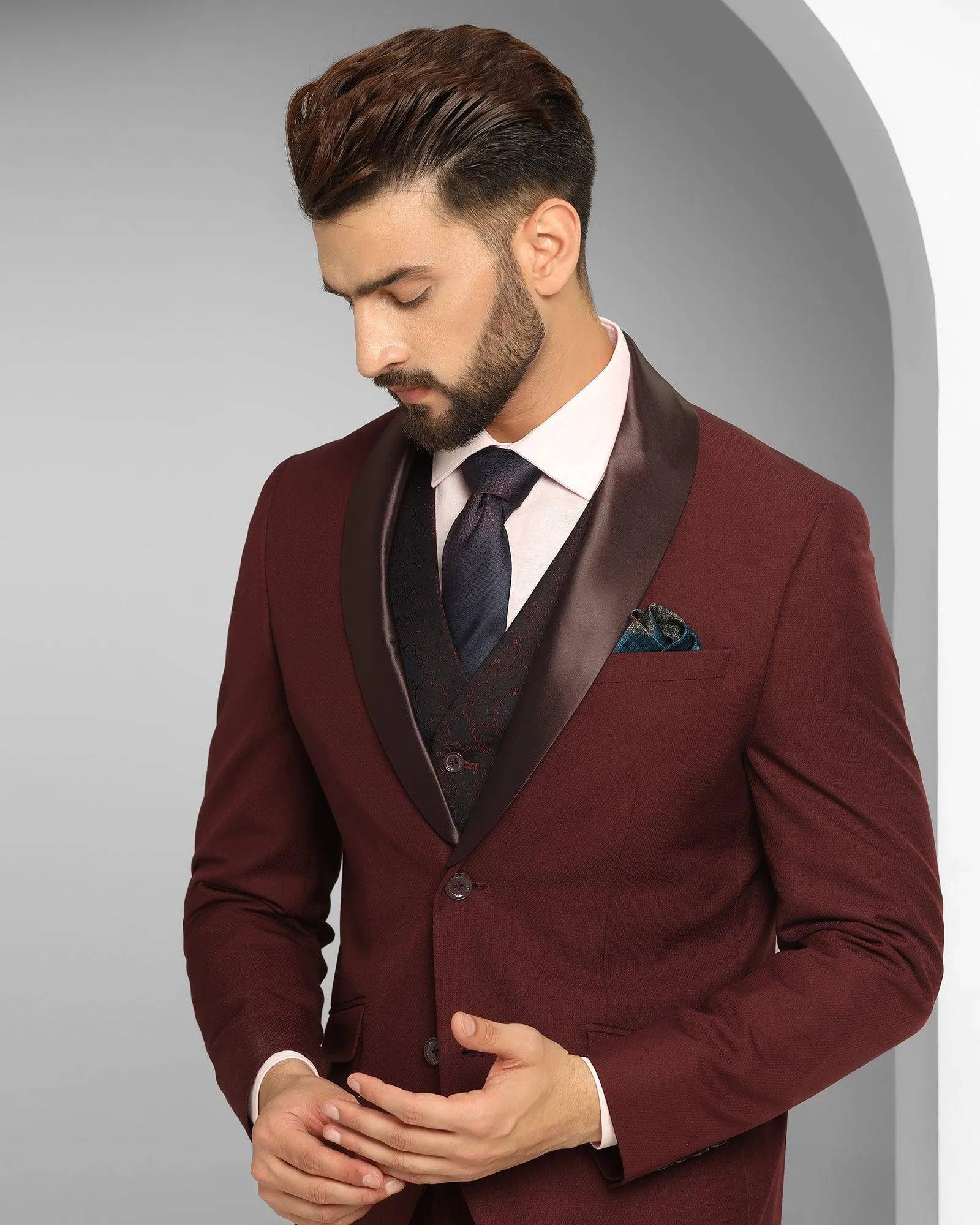 Tuxedo Three Piece Burgundy Textured Formal Suit - Thayer