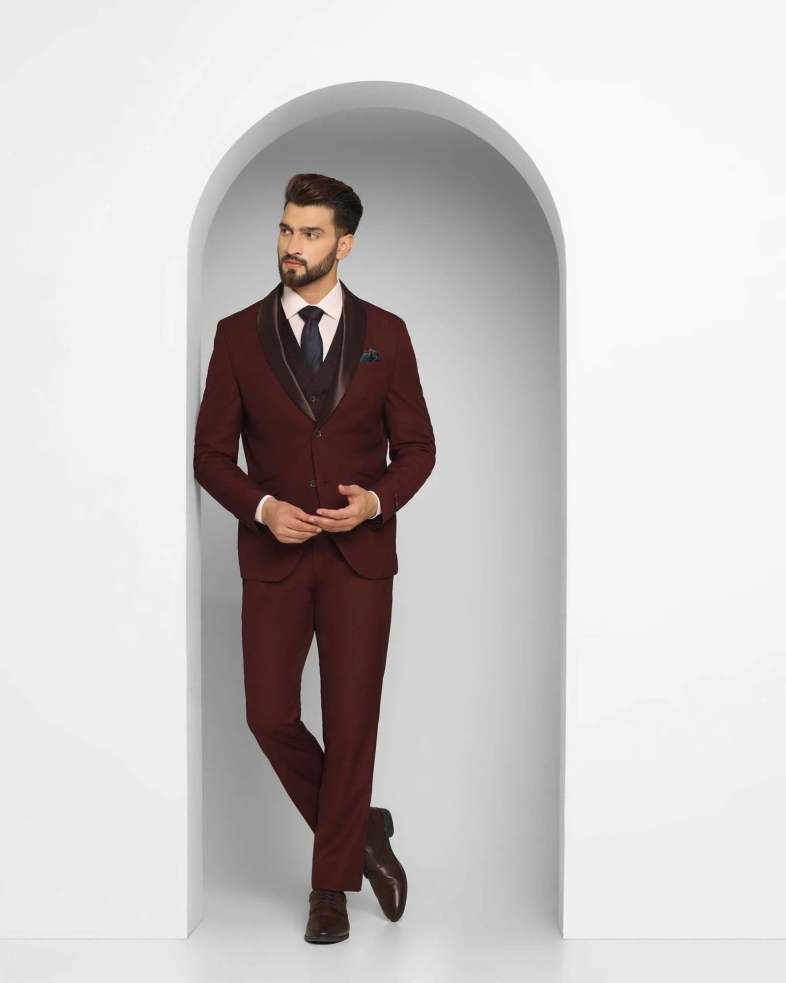 Tuxedo Three Piece Burgundy Textured Formal Suit - Thayer