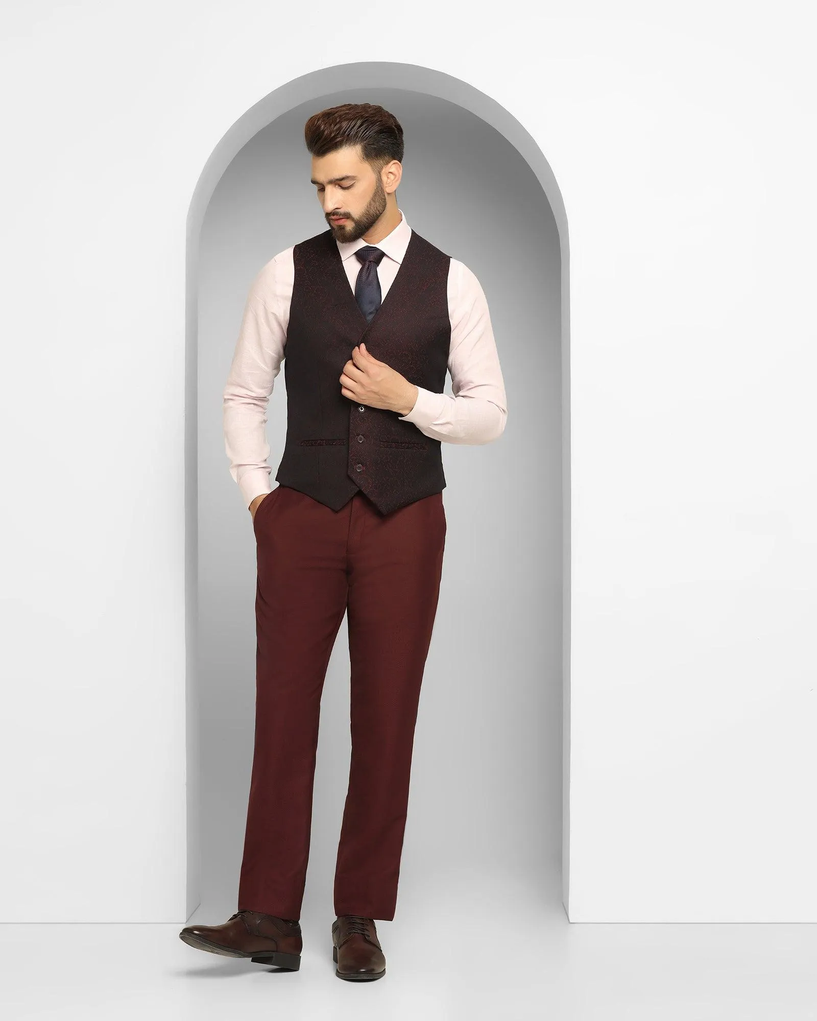 Tuxedo Three Piece Burgundy Textured Formal Suit - Thayer