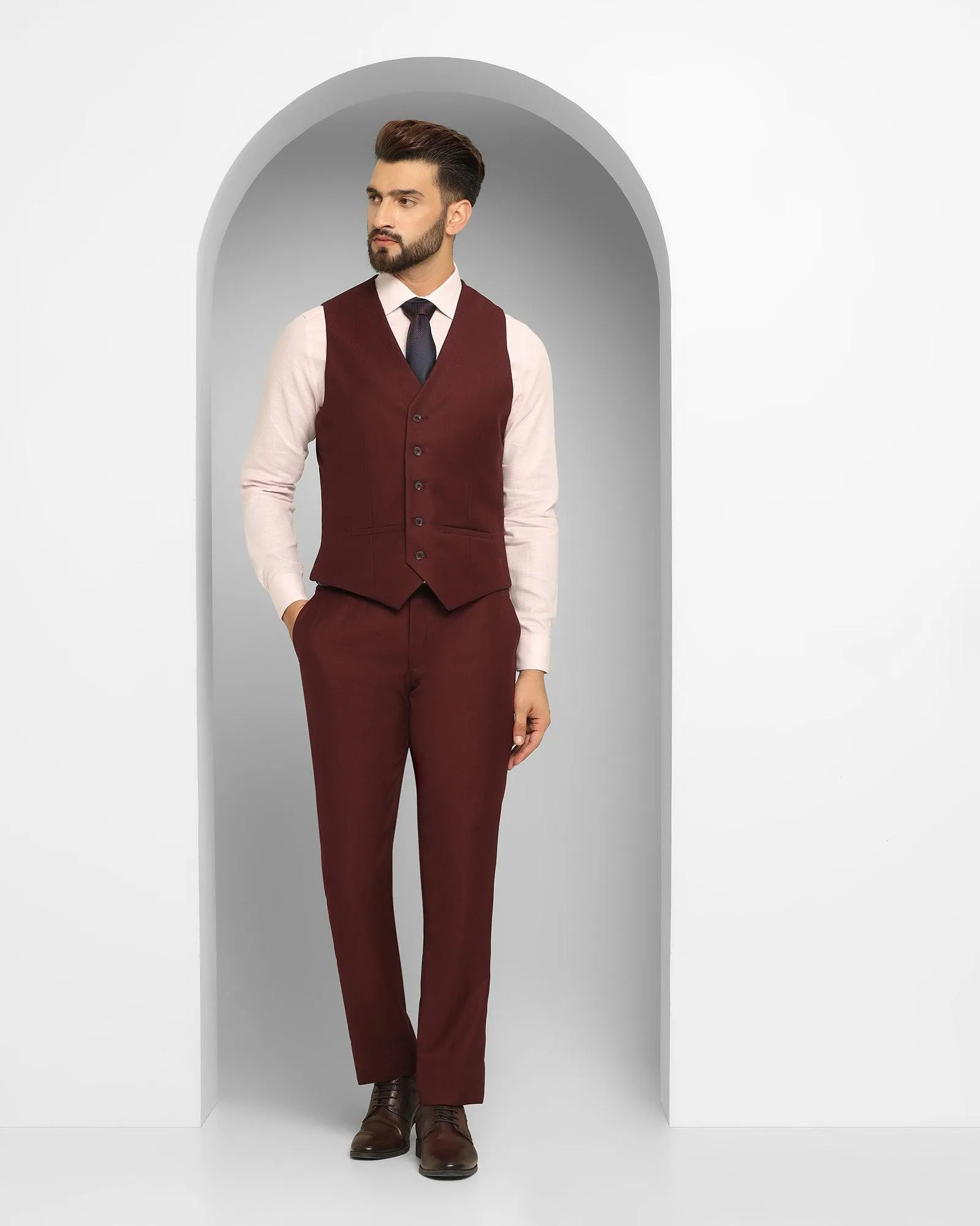 Tuxedo Three Piece Burgundy Textured Formal Suit - Thayer