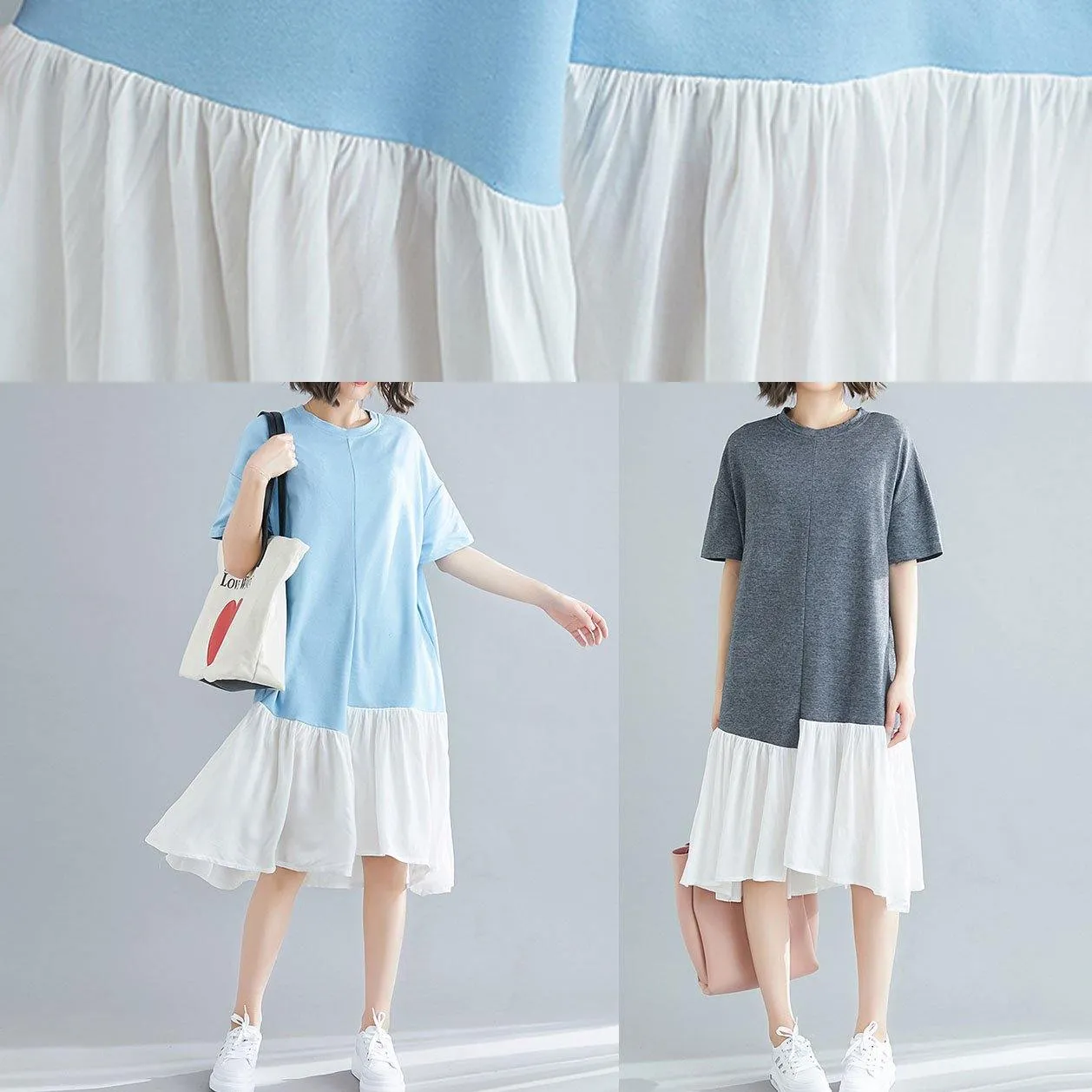 Unique asymmetric patchwork cotton Tunic Shirts gray short sleeve Traveling Dresses summer