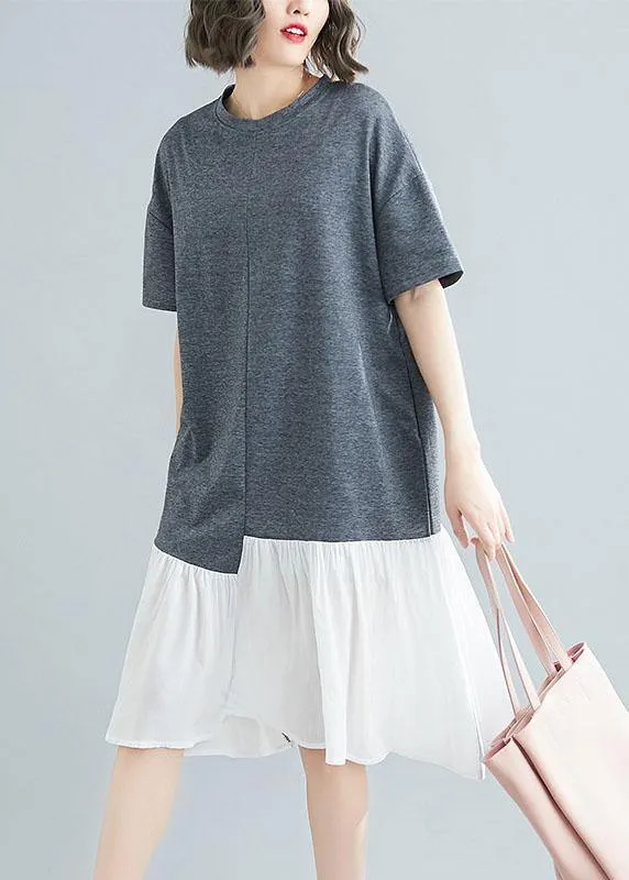 Unique asymmetric patchwork cotton Tunic Shirts gray short sleeve Traveling Dresses summer