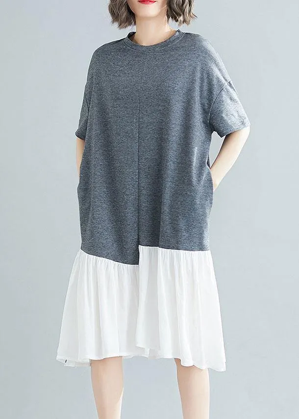 Unique asymmetric patchwork cotton Tunic Shirts gray short sleeve Traveling Dresses summer