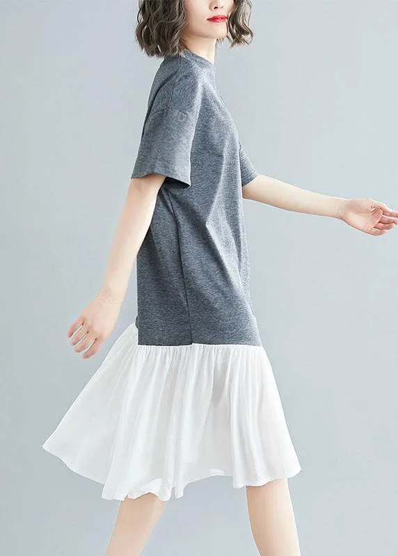 Unique asymmetric patchwork cotton Tunic Shirts gray short sleeve Traveling Dresses summer