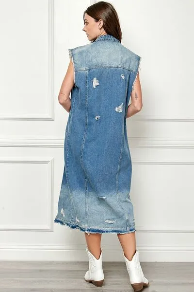 Veveret Full Size Distressed Sleeveless Longline Denim Jacket