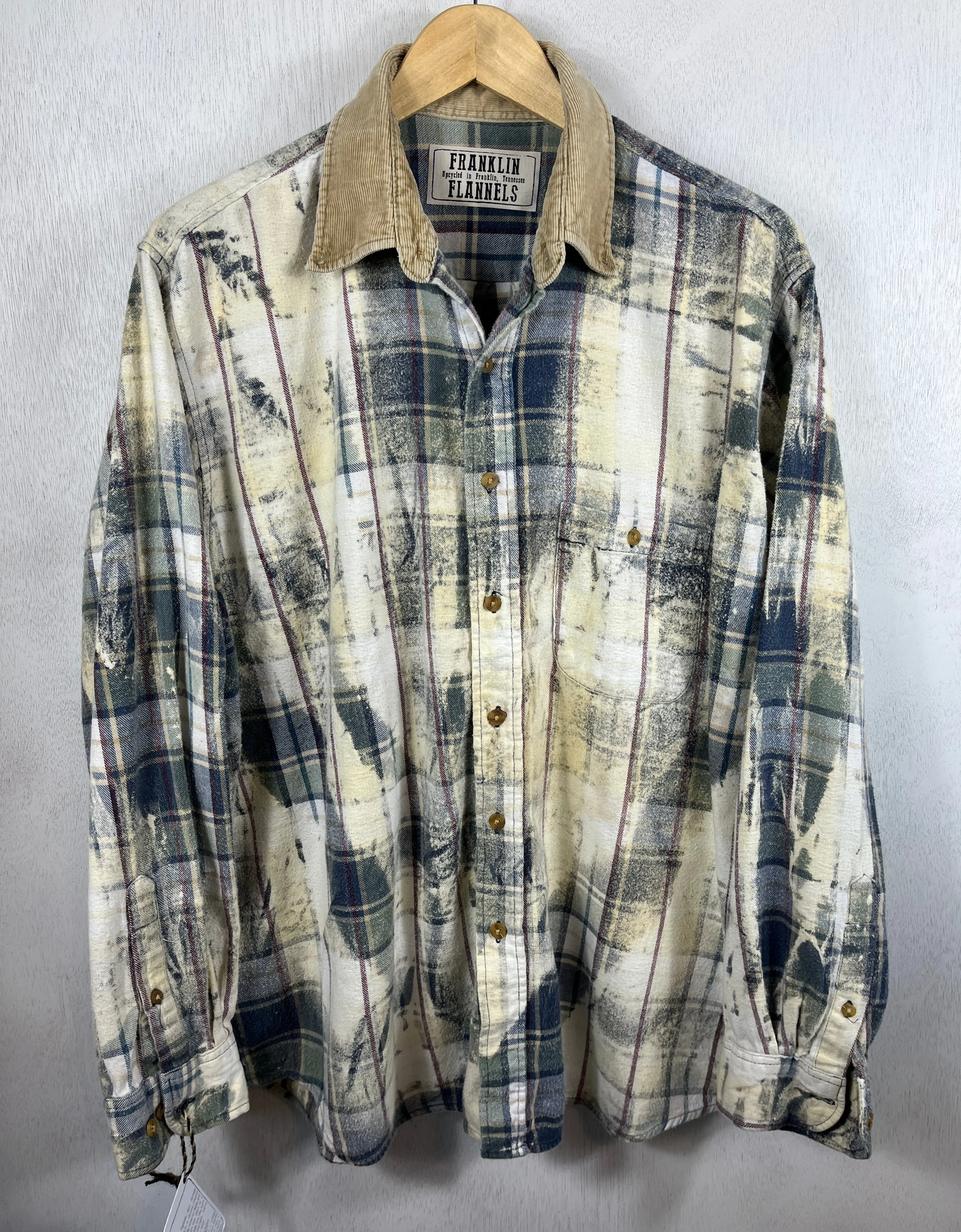 Vintage Navy Blue, Light Yellow, Cream and Greeen Flannel Size Large