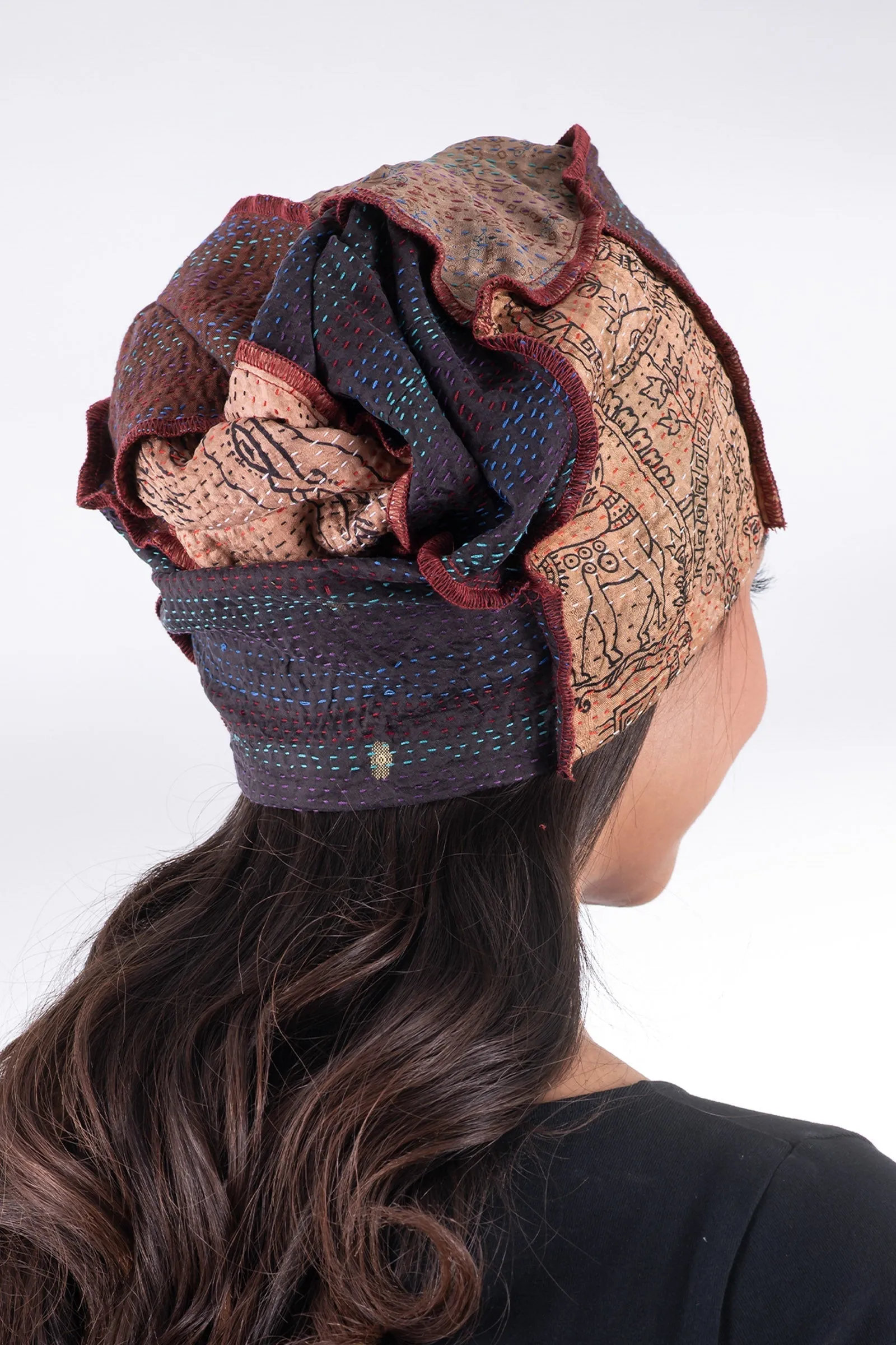 VINTAGE SILK KANTHA PATCHWORK HAT - sv2880-brn -